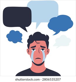 Colorful artwork of A sad crying man with dark hair looks down