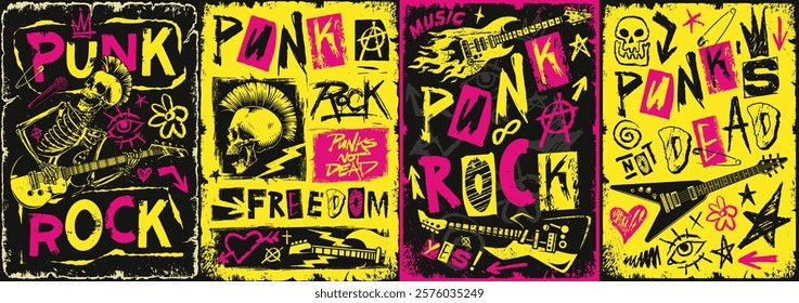 Colorful artwork showcases punk rock culture with bold graphics including guitars skulls and rebellious symbols. The design celebrates freedom and music in a lively manner.