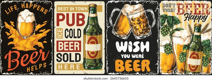Colorful artwork showcasing beer-themed designs displayed in a lively pub. The vibrant images highlight the joy of sharing cold beers amongst friends in a social setting.