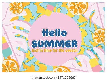 Colorful artwork showcasing tropical leaves, citrus fruit slices, and a cheerful greeting, evoking the lively mood of summer. Ideal for seasonal graphics and promotional designs capturing the bright s