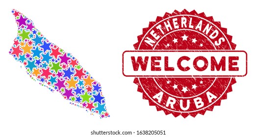 Colorful Aruba Island map collage of stars, and textured rounded red WELCOME stamp seal. Abstract territorial scheme in colorful color tints. Vector Aruba Island map is designed of colorful stars.