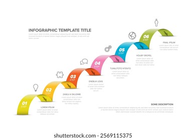 A colorful, ascending 6-step infographic template with placeholder text and icons. This infographic features distinct colors and icons for each step, highlighting progression.