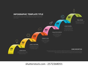 A colorful, ascending 6-step infographic template with placeholder text and icons. This infographic features distinct colors and icons for each step, highlighting progression.