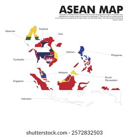 Colorful ASEAN Map with Country Names and Borders. Political Map of ASEAN Region – Modern Design.