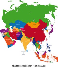 Colorful Asia map with countries and capital cities