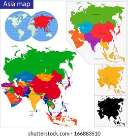 Mapa colorido de Asia con fronteras de países