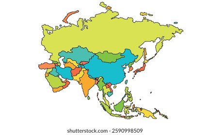 Colorful Asia map isolated on white background. for website layouts, background, education, precise, customizable, Travel worldwide, earth geography, political, reports.