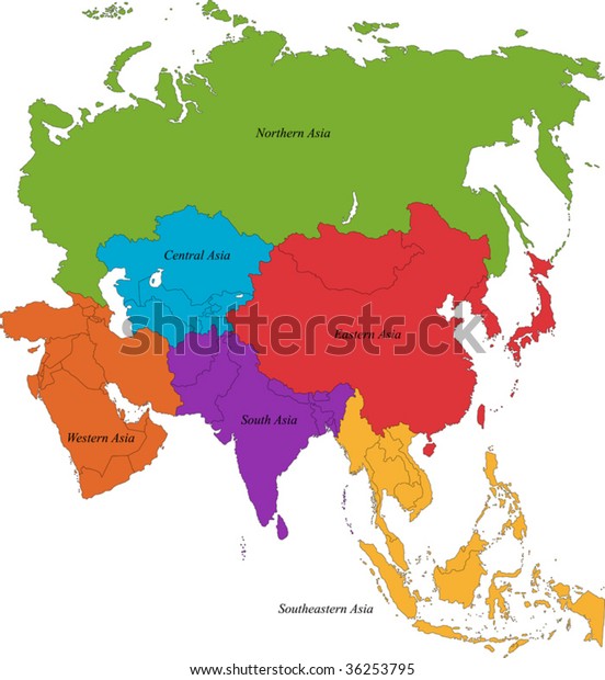 Colorful Asia Map Six Regions Stock Vector (Royalty Free) 36253795