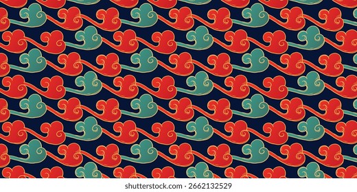 Colorful Asian Clouds Seamless Pattern with Red and Teal Motifs. Traditional Japanese and Chinese swirling cloud design on dark background. Elegant repeatable backdrop perfect for textiles, clothing