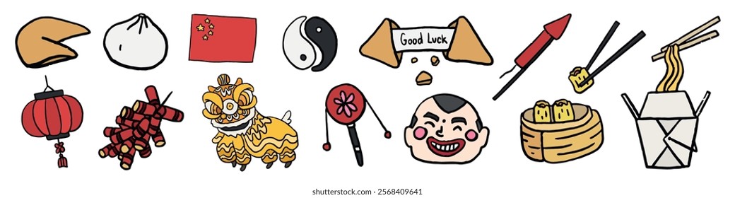 Colorful Asian cultural icons: fortune cookie, dumpling, lantern and fireworks. Celebrate Asian traditions with these vibrant Asian symbols. Hand drawn Chinese New Year illustrations, vector set.