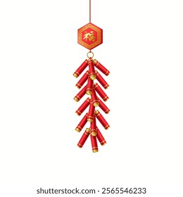 Colorful Asian firecrackers cluster with pendant realistic vector illustration. Asian Baozhu and Fu character fog holiday 3d object on white. Inscription on the badge is “Luck”