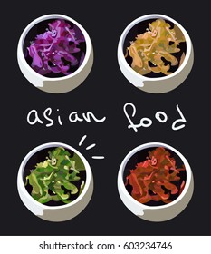 colorful asian food. soup, snack, meat, greens. all natural as you like