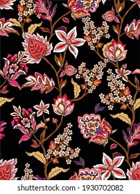 Colorful asian style floral pattern. Dark background floral tapestry. 
paisley pattern with traditional indian style, design for decoration and textiles