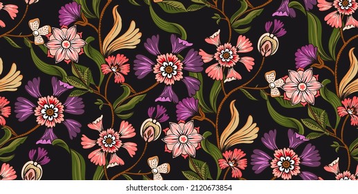 Colorful asian style floral pattern. Dark background floral tapestry. 
paisley pattern with traditional indian style, design for decoration and fabrics