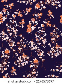 Colorful asian style floral pattern. Dark background floral tapestry with traditional asian style, design for decoration and textiles