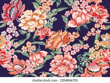 Colorful asian style floral pattern. Dark background floral