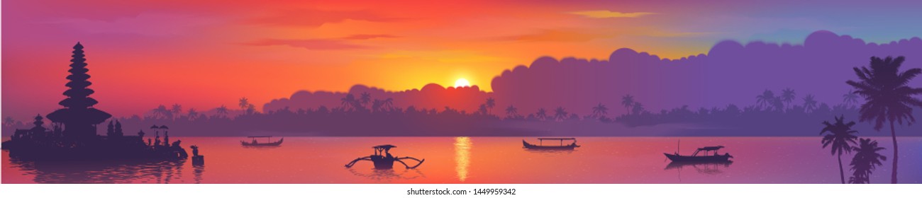 Colorful Asian sunset Balinese landmarks panoramic view, vector illustration of Bali water temple, palm trees and fishing boats in ocean