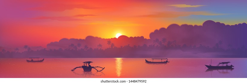 Colorida puesta de sol asiática con siluetas de nubes y palmeras, reflexión solar y barcos de pescadores en aguas oceánicas, ilustración vectorial de la isla de Bali