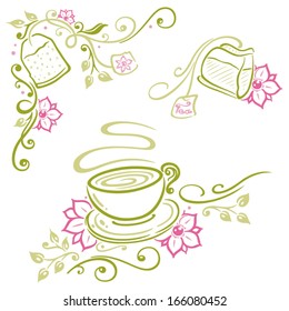 Colorful asian tea vector set, with cherry blossoms