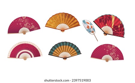 Colorful Asian traditional handheld paper fan, japanese souvenir, wooden chinese hand traditional fans vector illustration icons set. Cartoon flat vector illustration