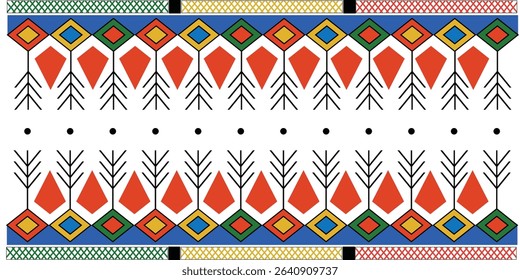 Colorful Asiri tribal border with red diamond shapes and tree branch motifs for Arabian ethnic textile design

