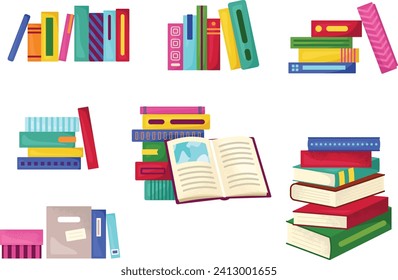 Colorful assorted books on shelves and stacked, open book on pile. Education, library, and reading concept vector illustration.