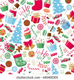 Colorful assorted christmas party icons seamless pattern. Snowman candy cane gift box bell christmas tree cookies socks etc vector illustration. New Year seasonal background.