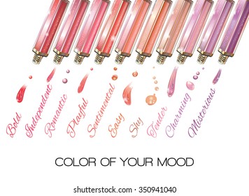 Colorful assorted palette of lip gloss with ?orrelated  emotions on white background. Design for cosmetics, store, beauty salon, make up, natural and organic products. Vector illustration