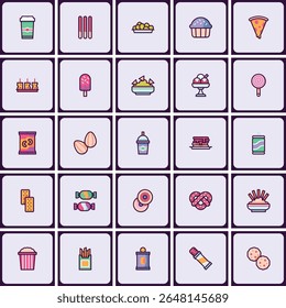 Colorful sorted Snack Food ícone da coleção em um projeto de padrão de grade