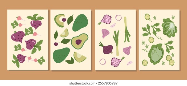 Colorful assorted vegetables and fruits in artistic illustrations on canvas.