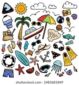 A colorful assortment of beach-themed doodles, including items like a sun, palm tree, boat, sunglasses, and various sea creatures. This vector image is perfect for summer and vacation designs.