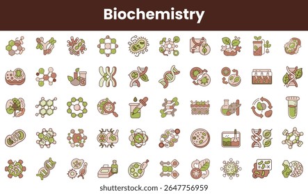 Uma variedade colorida de ícones relacionados à bioquímica, apresentando moléculas, estruturas de DNA e equipamentos de laboratório, mostrando a diversidade de temas científicos.