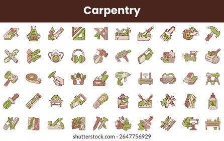A colorful assortment of carpentry tools and icons, featuring saws, drills, safety gear, and equipment, showcasing the essentials of woodworking and craftsmanship.