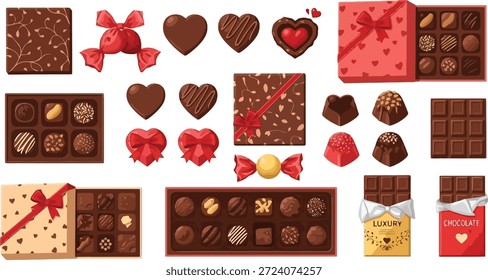 Un colorido surtido de chocolates y cajas de regalo dispuestas sobre un fondo blanco, perfecto para el día de San Valentín. La colección incluye varios tipos de chocolates, golosinas en forma de corazón y cajas de regalo elegantemente envueltas, todas con una deliciosa difusión de dulces.