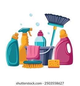 A colorful assortment of cleaning supplies including a bucket, brush and cleaning solution bottles. Organization and cleanliness concept