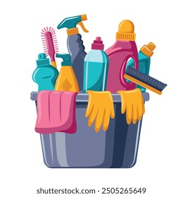 A colorful assortment of cleaning supplies including a bucket, brush and cleaning solution bottles. Organization and cleanliness concept