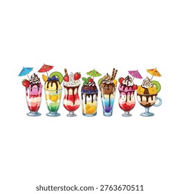 Colorful assortment of creative sundaes and drinks with decorative umbrellas
