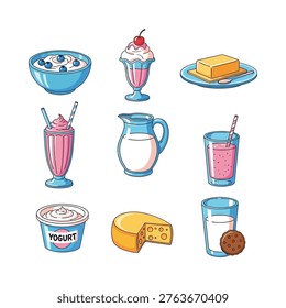 Colorful assortment of dairy and dessert items in a playful illustration style