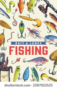 Colorful assortment of fishing lures and bait displayed creatively. Various types include spoons jigs and worms perfect for any fishing enthusiast looking to enhance their tackle box.