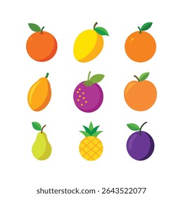 A colorful assortment of fresh fruits isolated on a white background. Includes oranges, mangoes, pears, pineapples, and plums. Perfect for illustrating healthy eating, tropical flavors, and vitamin-ri