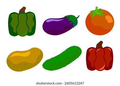 A colorful assortment of fresh vegetables including potatoes, eggplant, red and green peppers, tomato, and cucumber, showcasing natural textures and vibrant colors