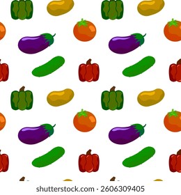 A colorful assortment of fresh vegetables including tomato, eggplant, red and green peppers, potatoes, and cucumber, showcasing natural textures and vibrant colors