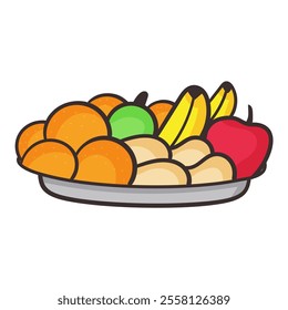 A colorful assortment of fresh, vibrant fruits including apples, bananas, and oranges arranged neatly on a plate, ideal for healthy eating