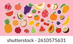 A colorful assortment of fruits and vegetables are scattered across a pink background. Concept of abundance and freshness, with the various fruits and vegetables representing the diversity