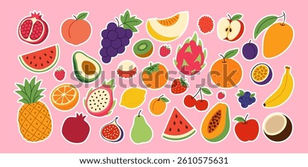 A colorful assortment of fruits and vegetables are scattered across a pink background. Concept of abundance and freshness, with the various fruits and vegetables representing the diversity