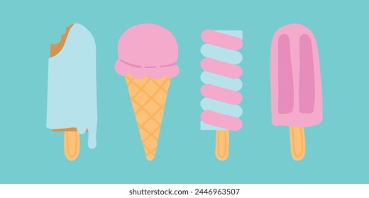 Colorido surtido de helados y paletas de helado con bocados y goteos, en rosa pastel y azul, Ilustración vectorial sobre fondo verde azulado.