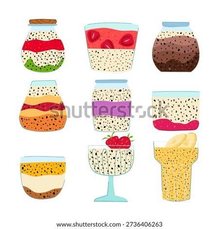 Colorful assortment of layered chia seed puddings with fruit, chocolate and creamy textures on white backgroundhealthy, vegan, gluten free breakfast or snack option