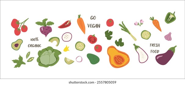 Colorful assortment of organic vegetables with vegan and fresh food labels.