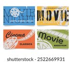 A colorful assortment of retro movie cards displaying themes of cinema classics, movie nights, and marathons, perfect for celebrating the love of film.