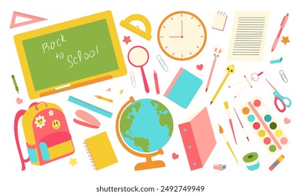 A colorful assortment of school supplies, including a green chalkboard, a clock, and a book, with the words "Back to School" written on the chalkboard
